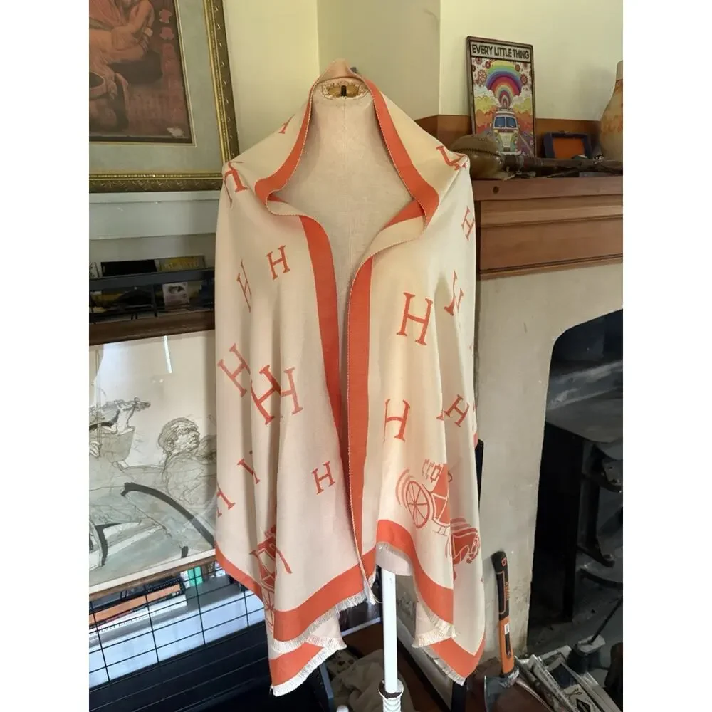 Oversized Cashmere Wrap Shawl Orange Ivory Equestrian Reversible Fringe Scarf